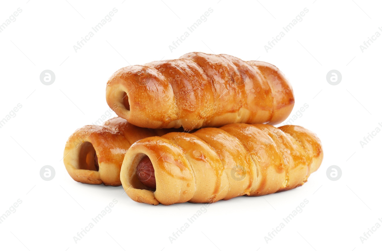 Photo of Many delicious sausage rolls isolated on white