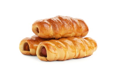 Photo of Many delicious sausage rolls isolated on white