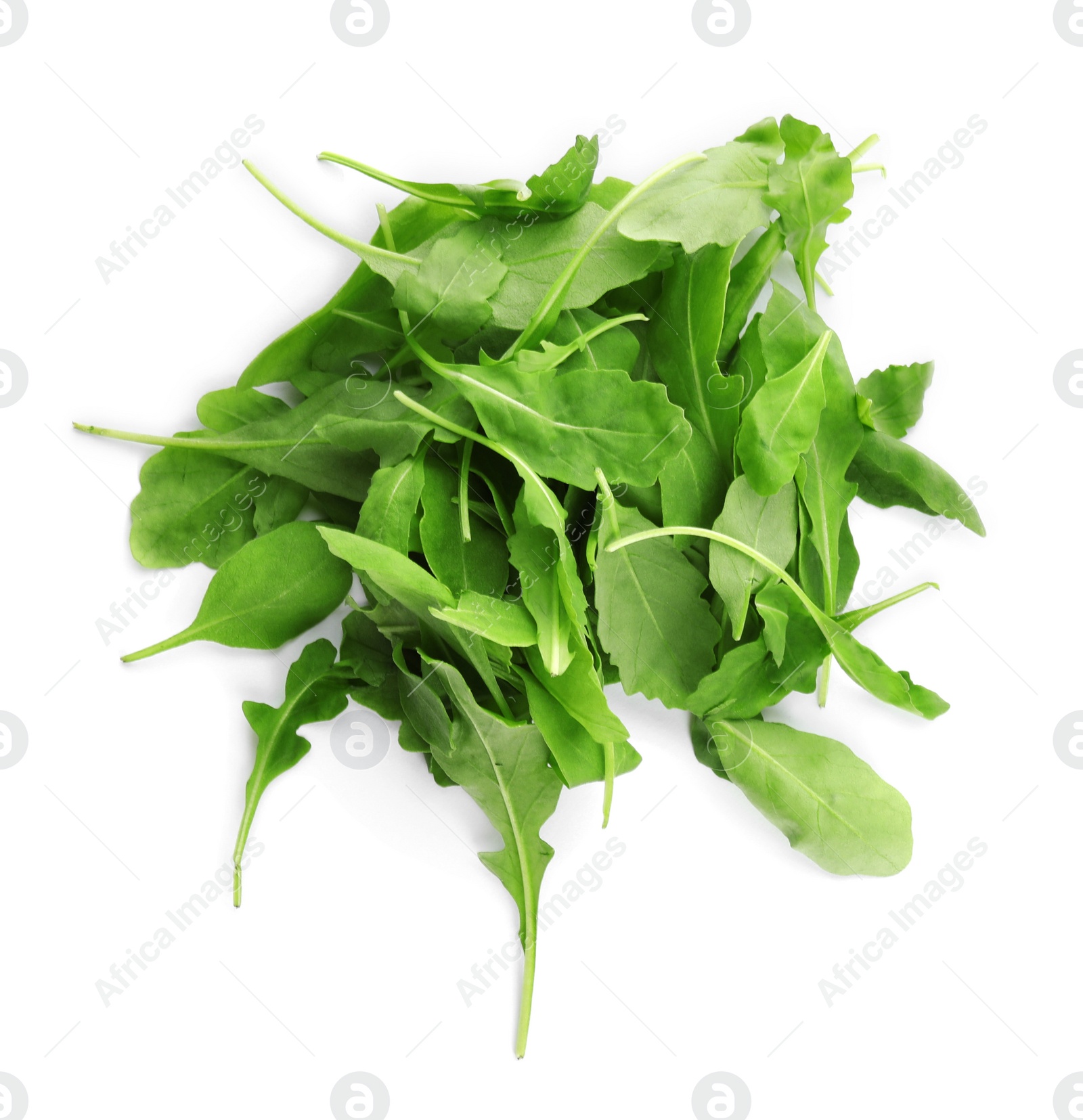 Photo of Fresh arugula on white background, top view