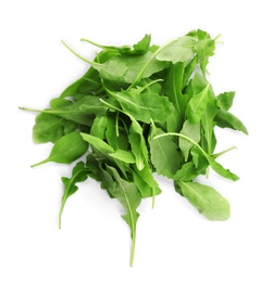 Fresh arugula on white background, top view