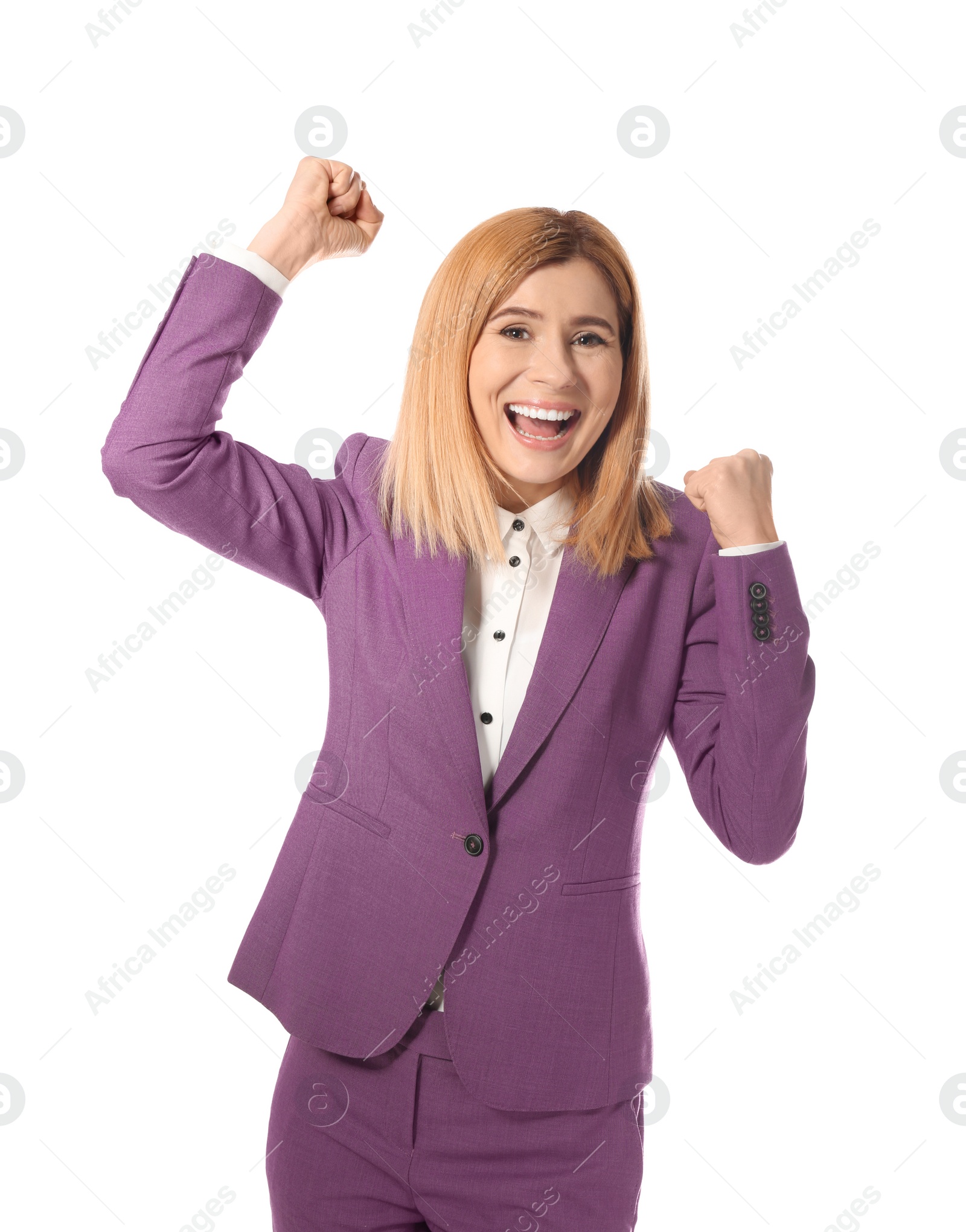 Photo of Portrait of emotional businesswoman on white background