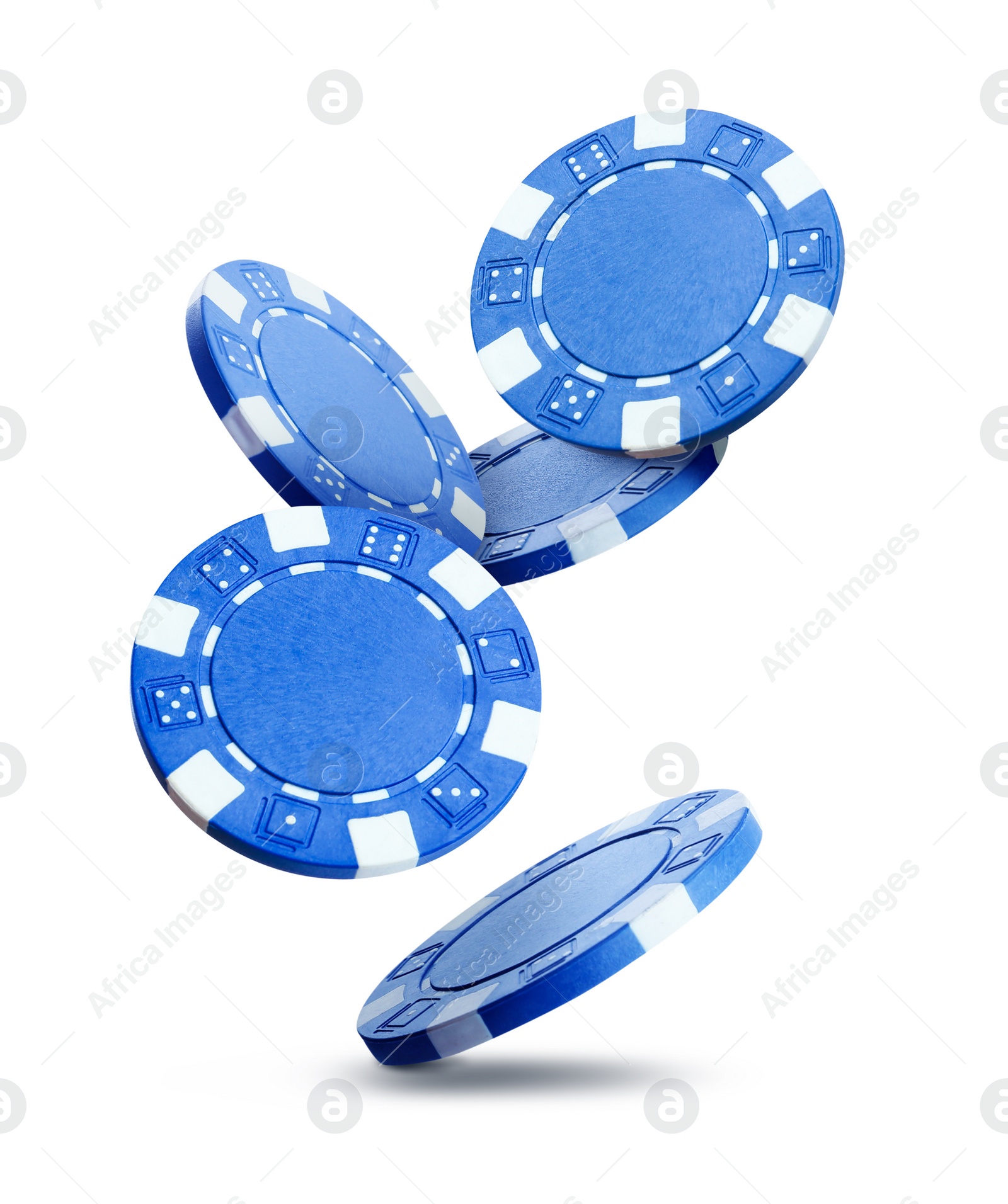 Image of Blue casino chips falling on white background