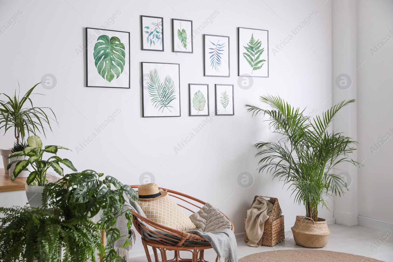 Photo of Beautiful paintings of tropical leaves on white wall in living room interior