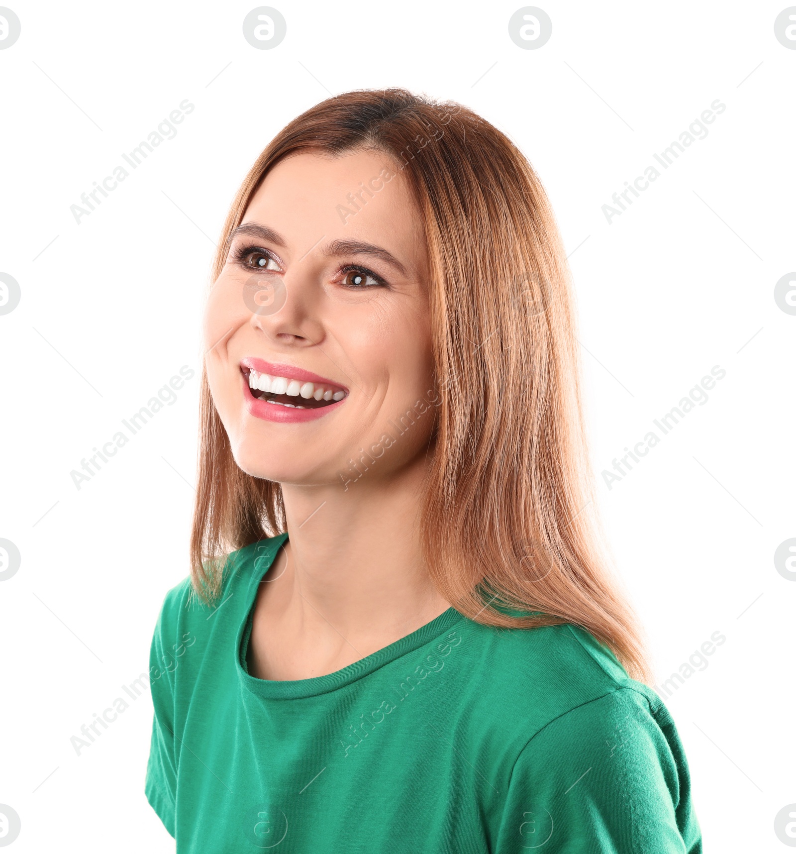 Photo of Smiling woman with perfect teeth on white background