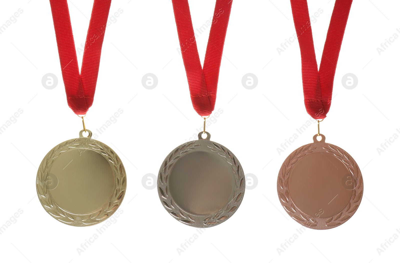 Photo of Gold, silver and bronze medals isolated on white. Space for design