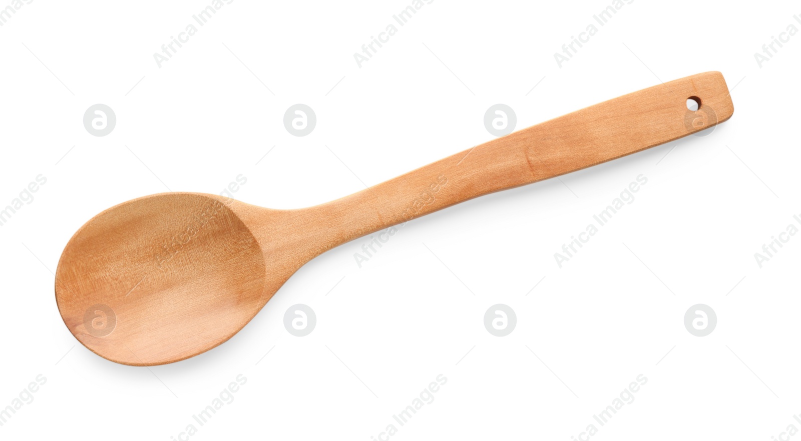 Photo of One empty wooden spoon isolated on white, top view