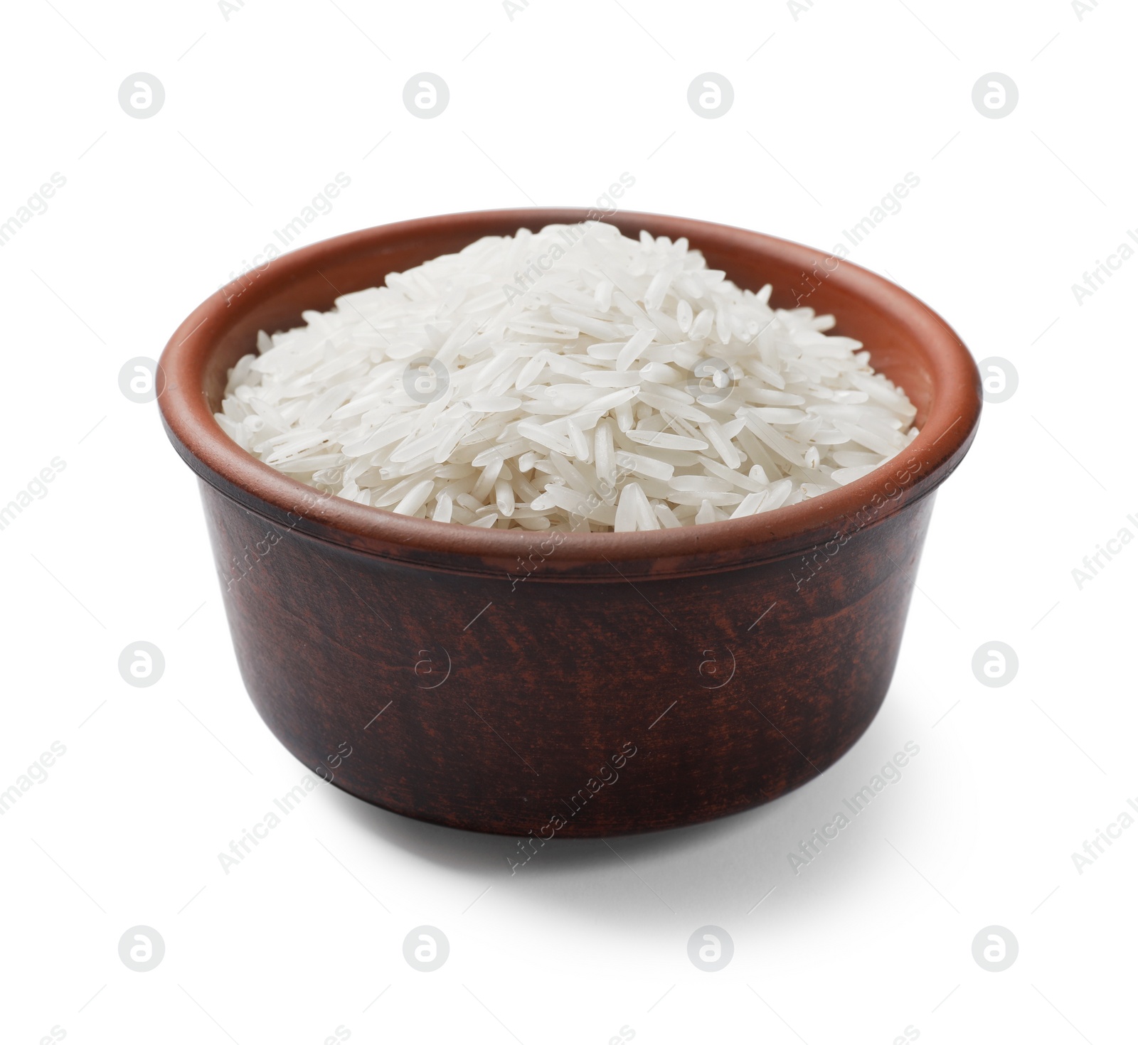 Photo of Raw basmati rice in bowl isolated on white