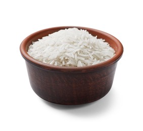 Photo of Raw basmati rice in bowl isolated on white