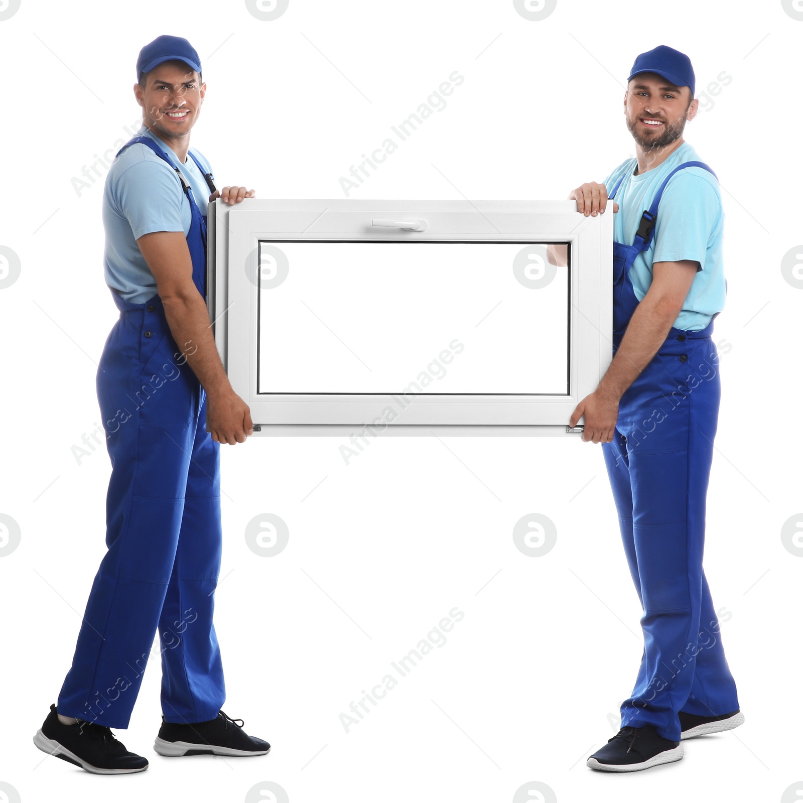 Photo of Workers with plastic window on white background. Installation service