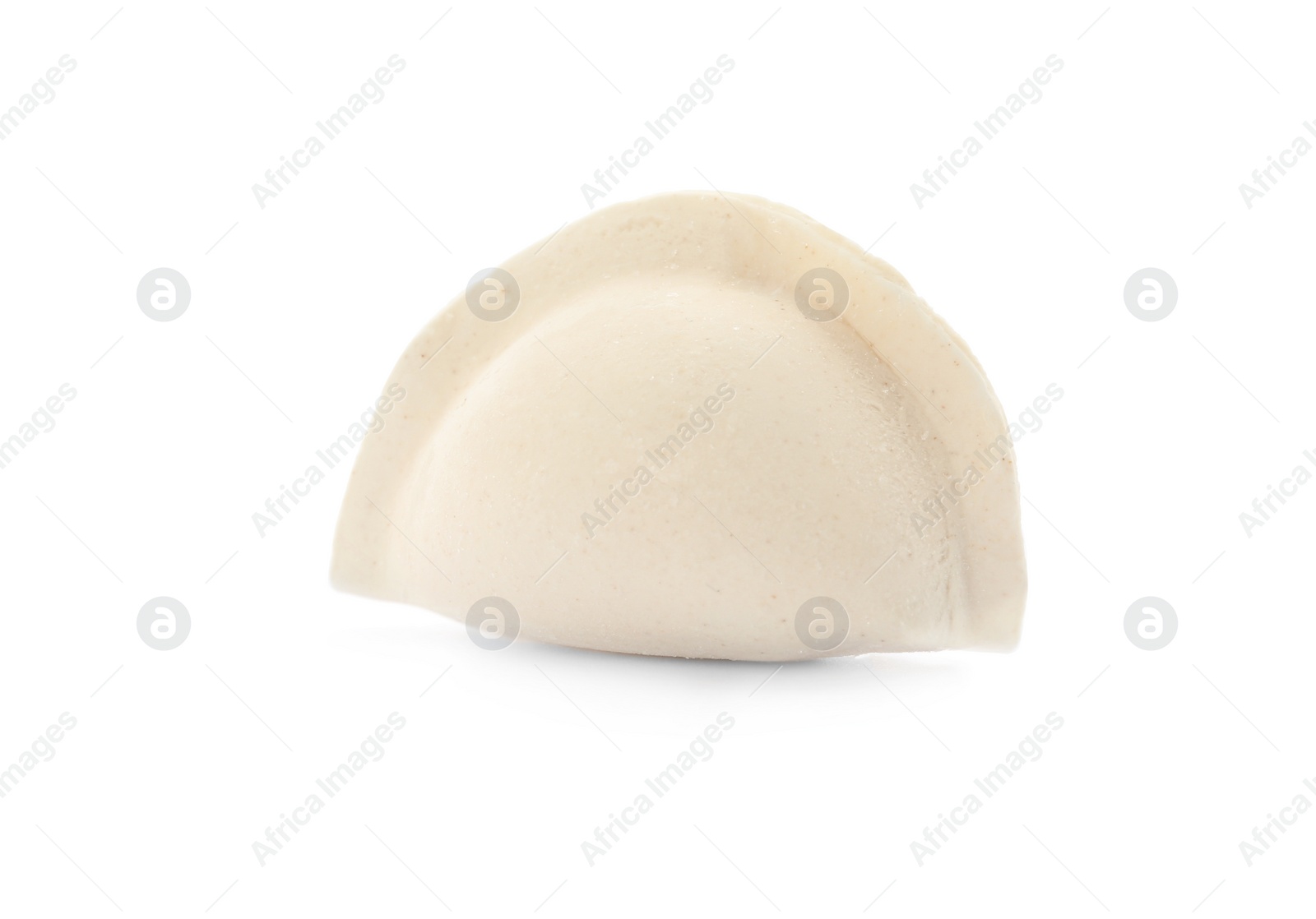 Photo of Raw dumpling with tasty filling on white background