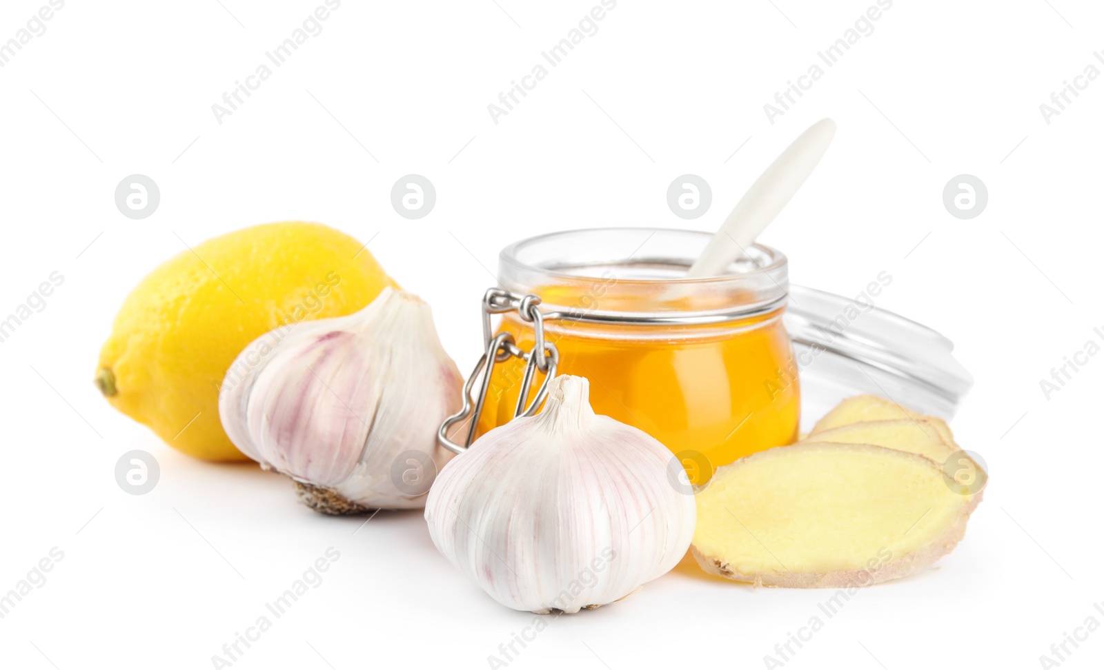 Photo of Composition with garlic and other cold remedies on white background