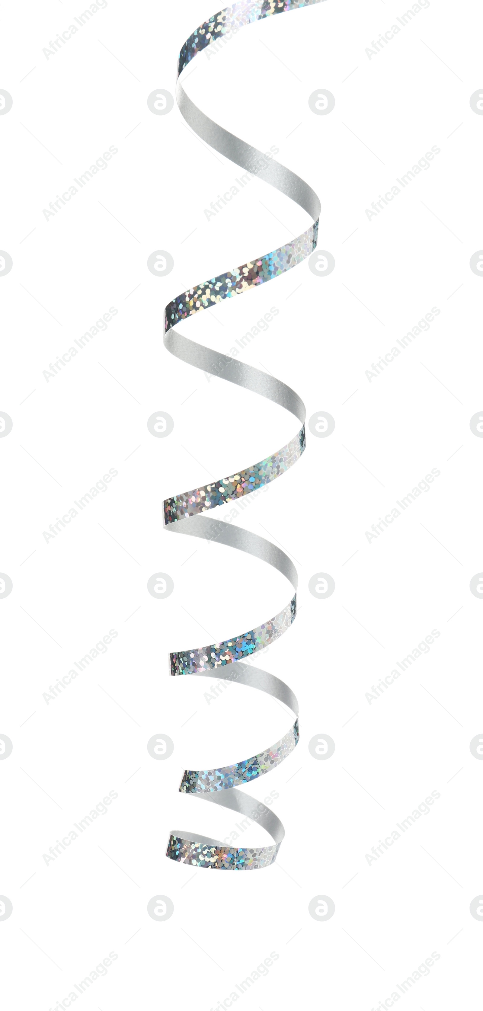 Photo of Shiny silver serpentine streamer on white background