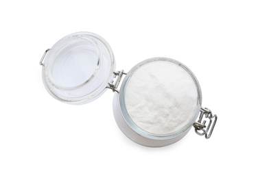 Photo of Baking soda in glass jar isolated on white, top view