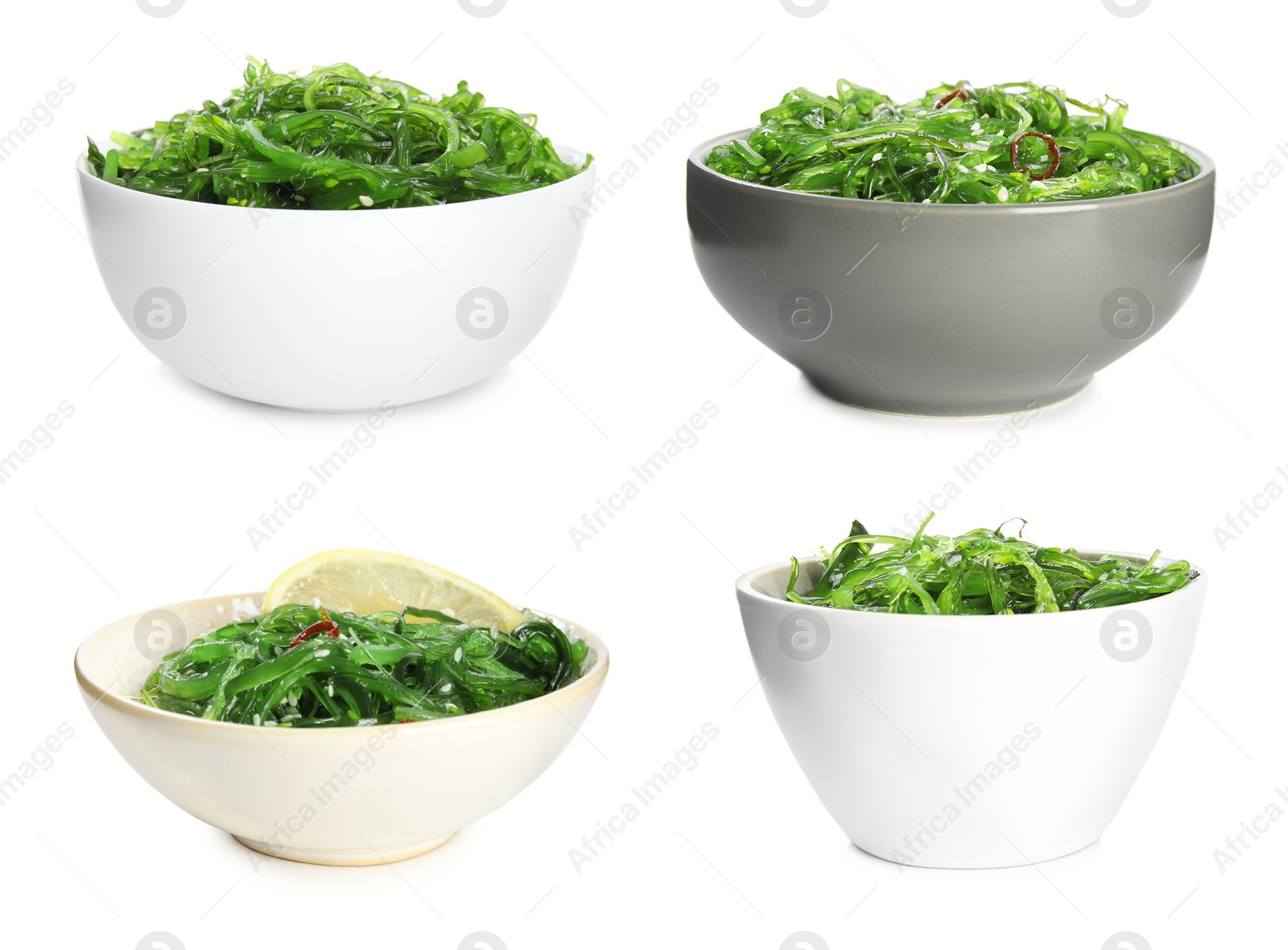 Image of Japanese seaweed salad in bowls on white background, collage