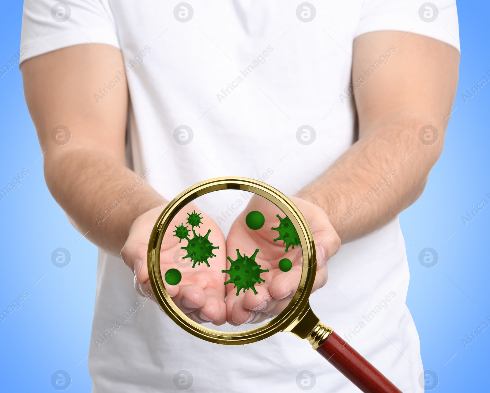 Image of Detecting bacteria with magnifying glass on blue background, closeup. Prevention disease