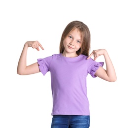 Photo of Little girl in t-shirt on white background. Mockup for design