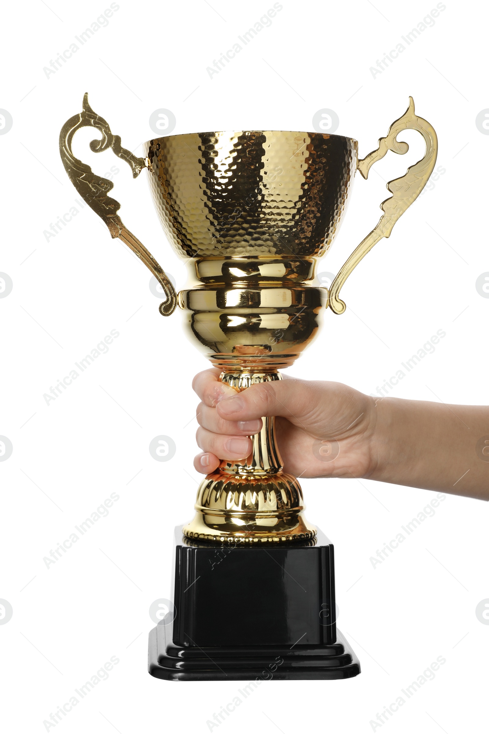 Photo of Woman holding golden cup on white background, closeup. Victory concept