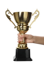 Woman holding golden cup on white background, closeup. Victory concept