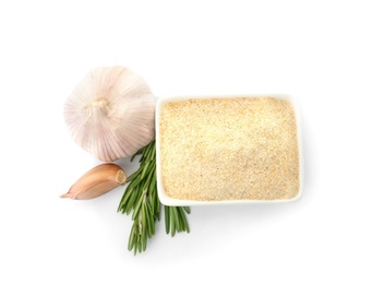 Photo of Bowl of dry garlic powder and rosemary on white background, top view