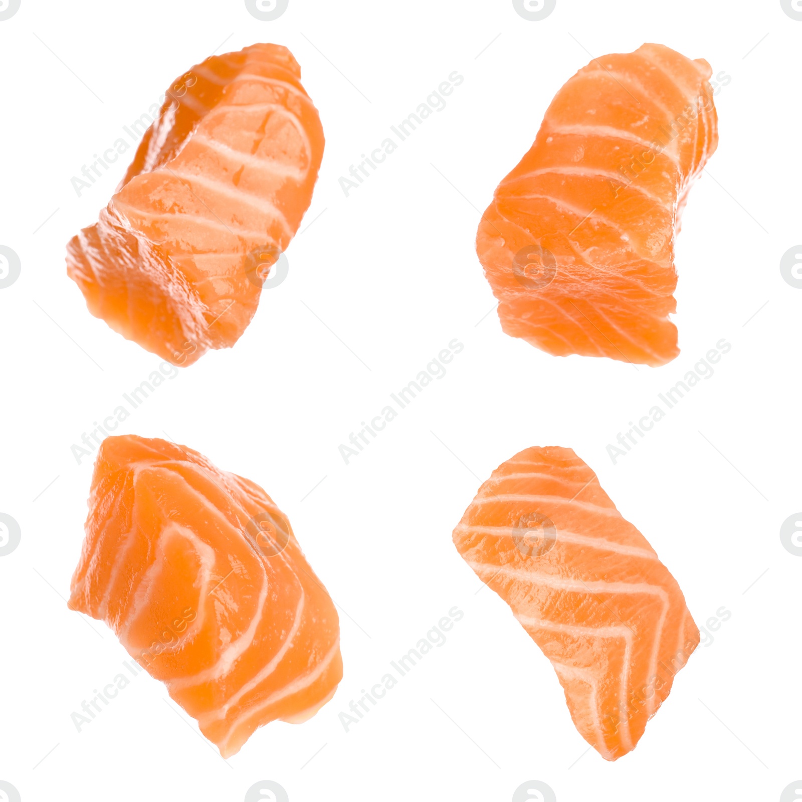 Image of Set with pieces of fresh raw salmon on white background. Fish delicacy