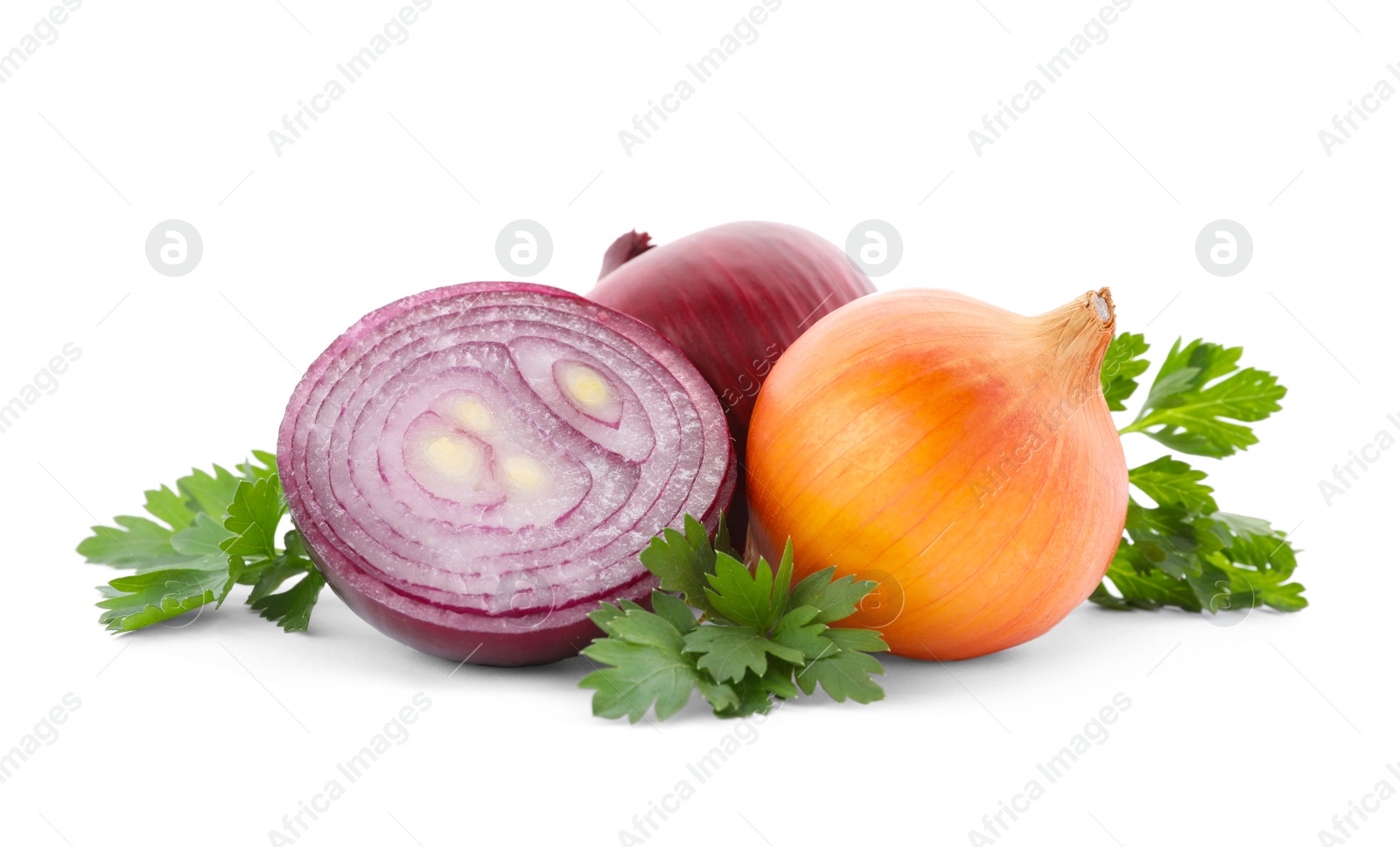 Photo of Green fresh parsley with onions on white background