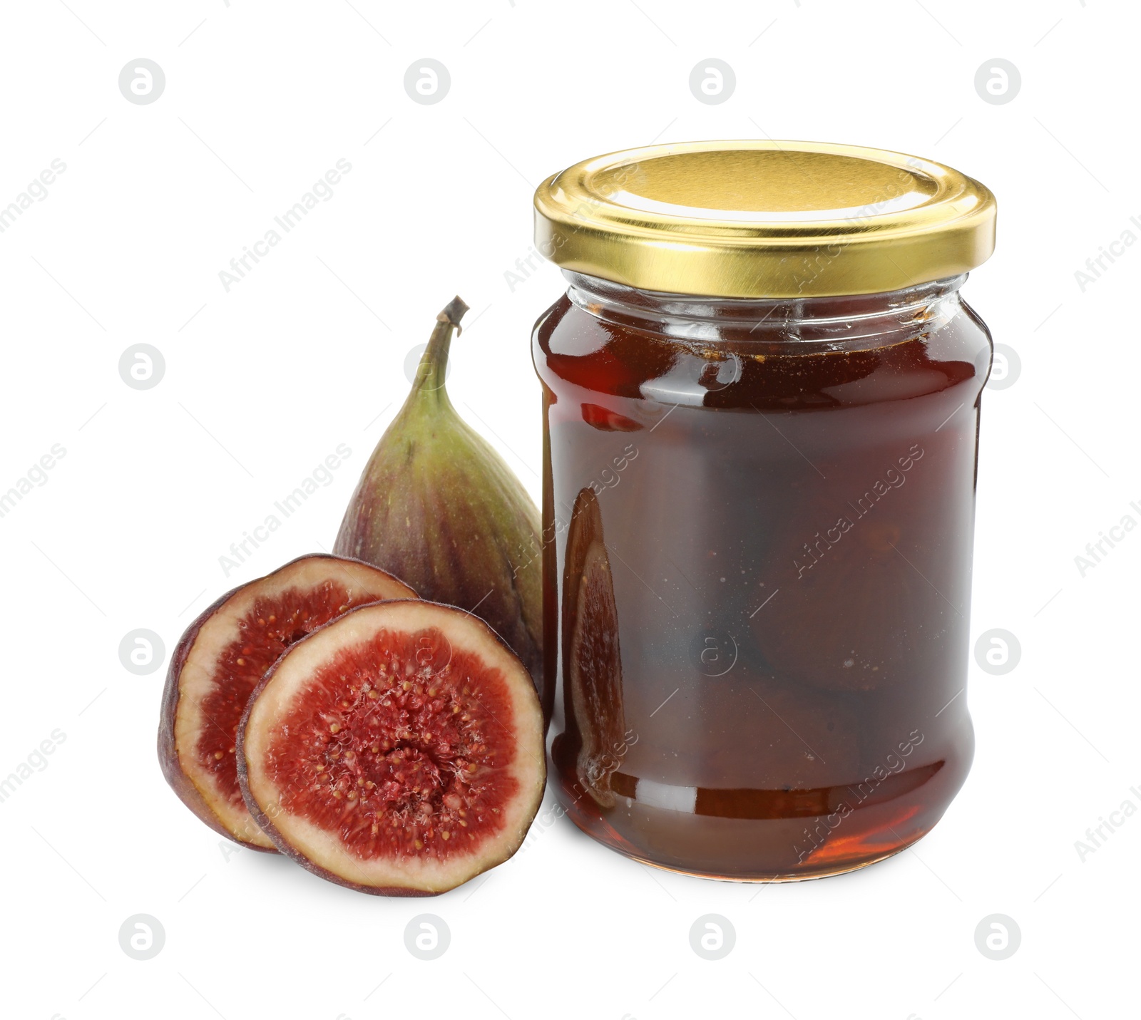 Photo of Jar of tasty sweet jam and fresh figs isolated on white