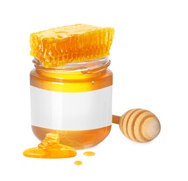 Image of Sweet honey in glass jar with blank label, wooden honey dipper and piece of honeycomb on white background. Mockup for design