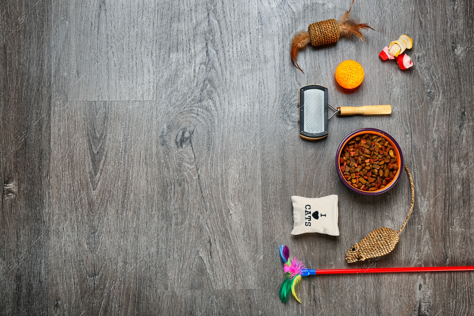 Photo of Cat's accessories and food on wooden background