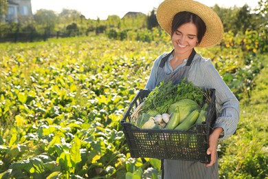 Photo of Woman with crate of different fresh ripe vegetables on farm. Space for text
