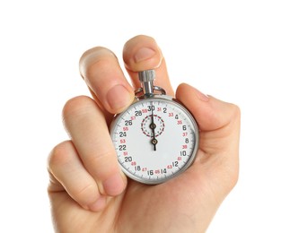 Photo of Man holding analog timer on white background, closeup