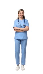 Photo of Portrait of happy doctor with stethoscope on white background