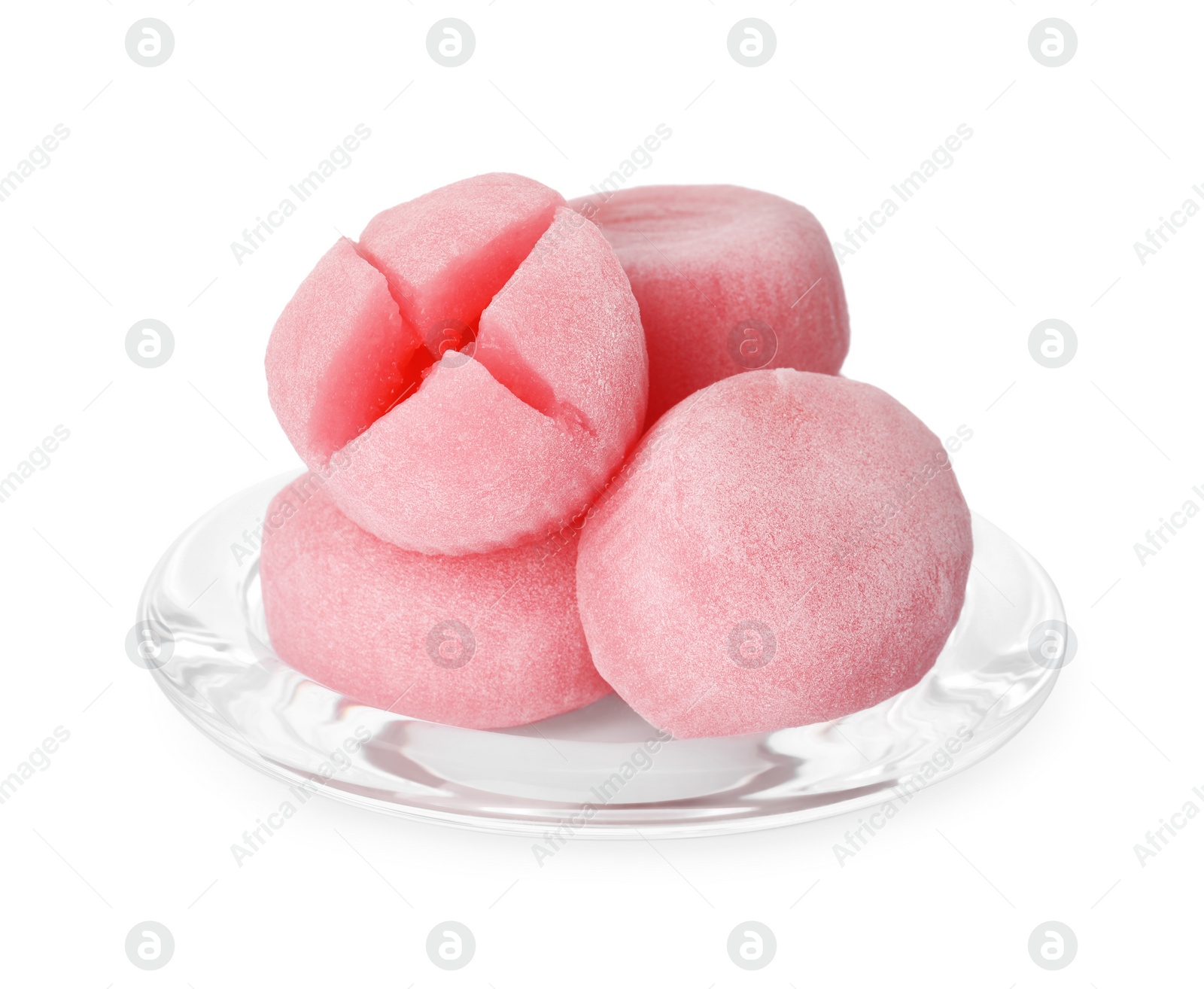 Photo of Glass plate with delicious mochi on white background. Traditional Japanese dessert