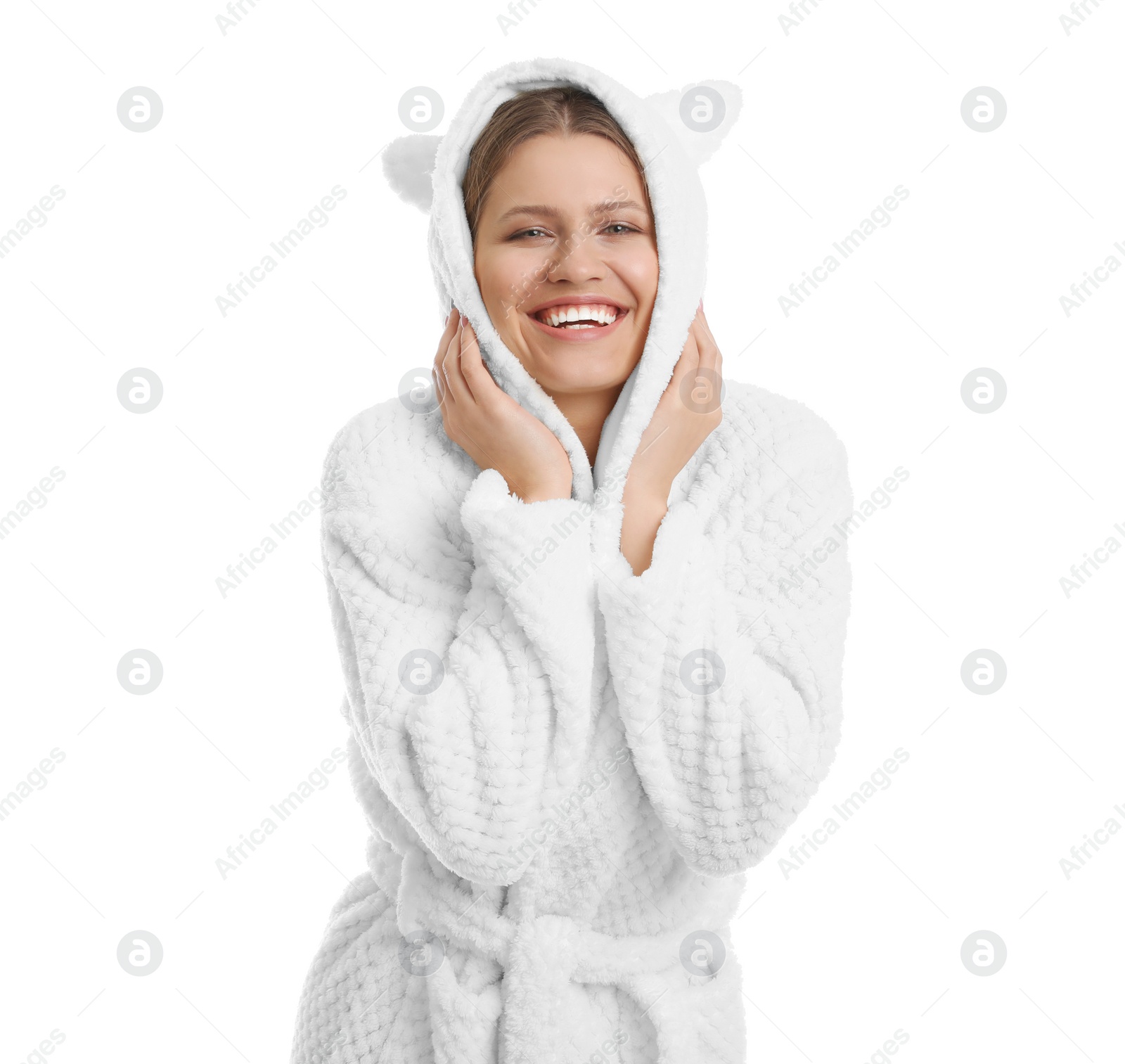 Photo of Young woman in bathrobe on white background