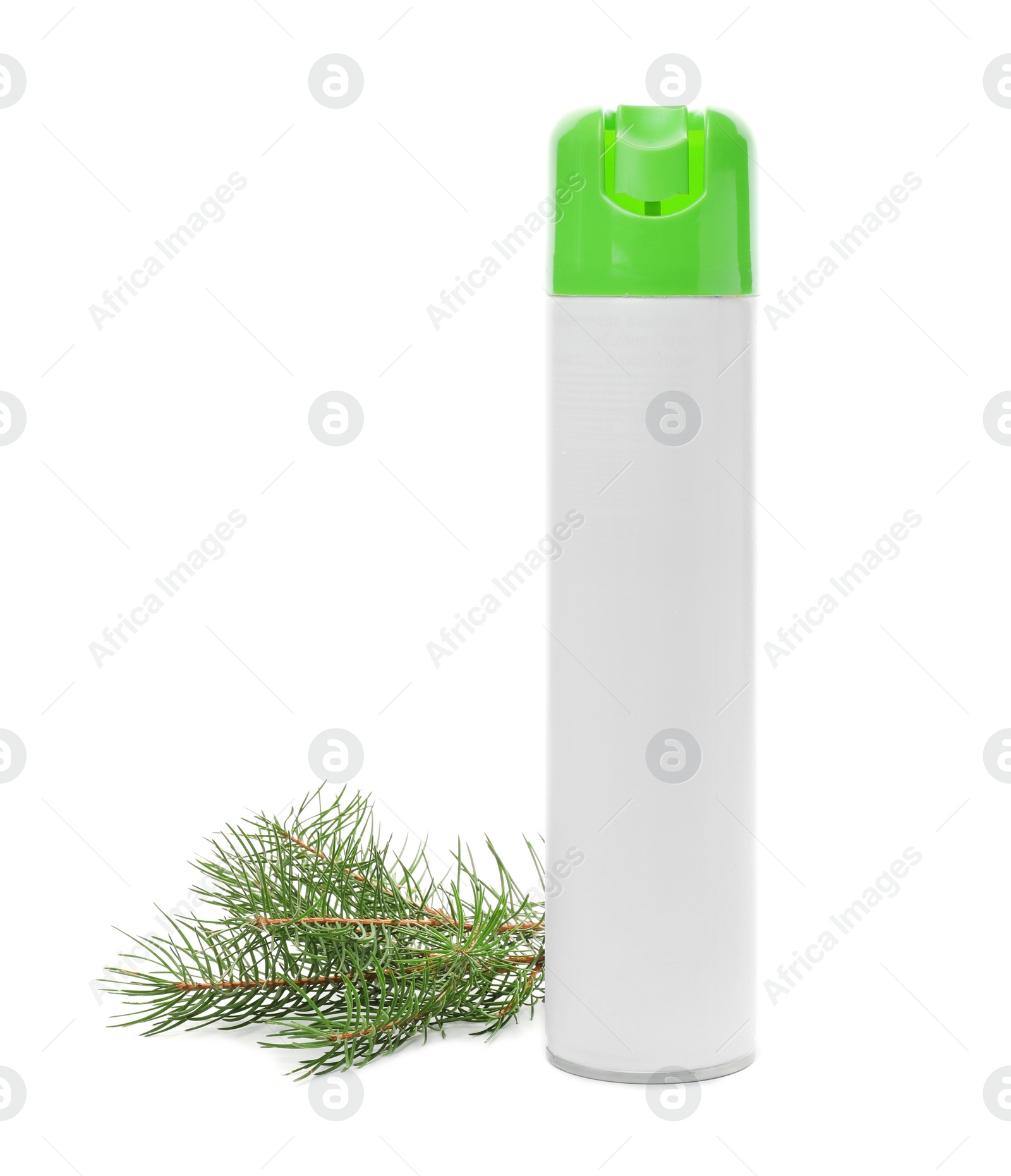 Photo of Spray air freshener and fir branches on white background