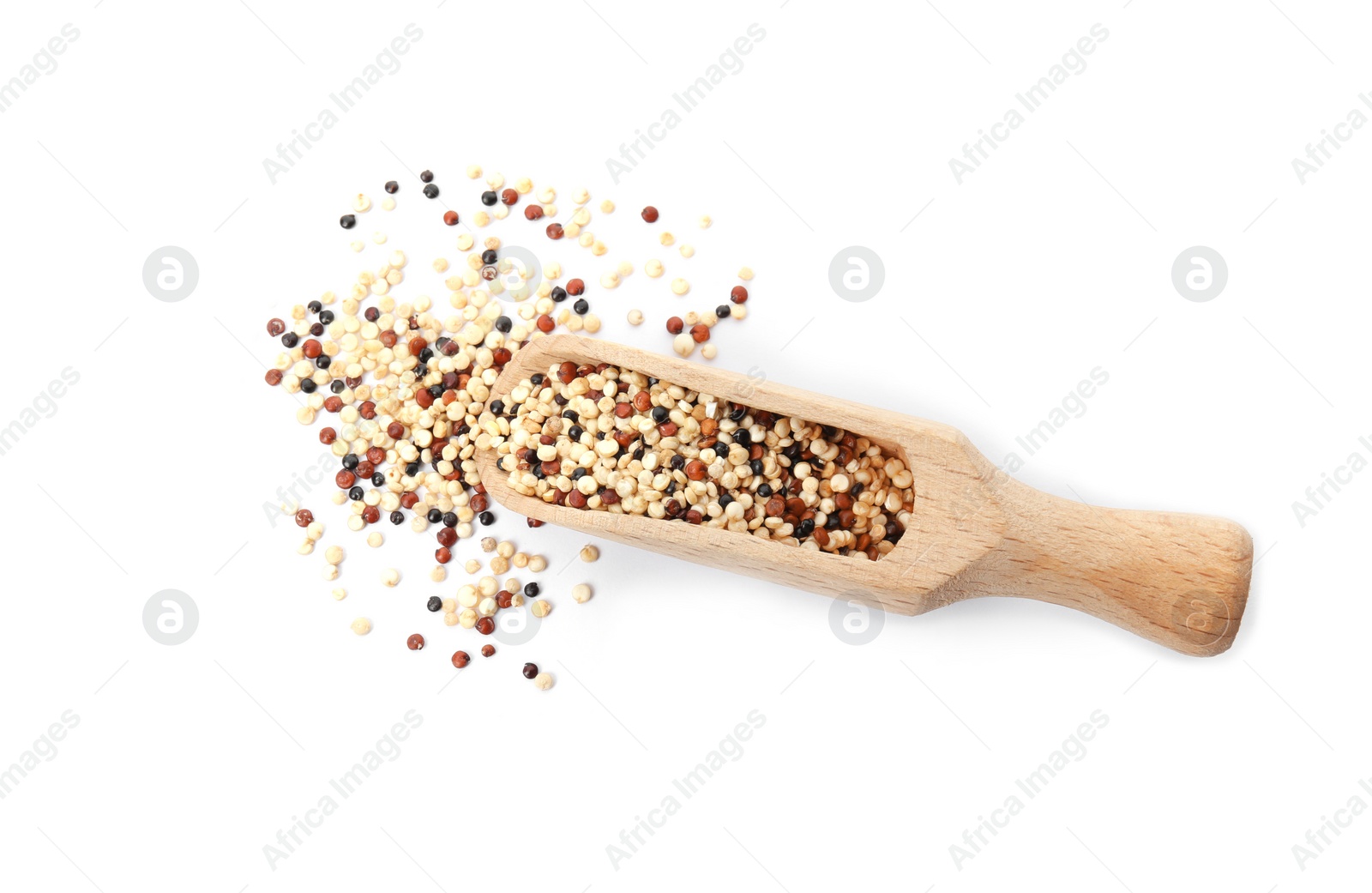 Photo of Scoop with mixed quinoa seeds on white background, top view