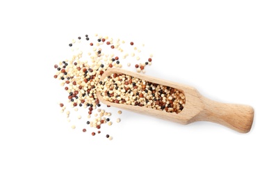 Photo of Scoop with mixed quinoa seeds on white background, top view