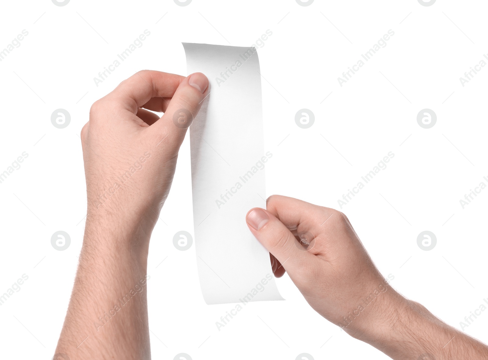 Photo of Man holding piece of blank thermal paper for receipt on white background, closeup