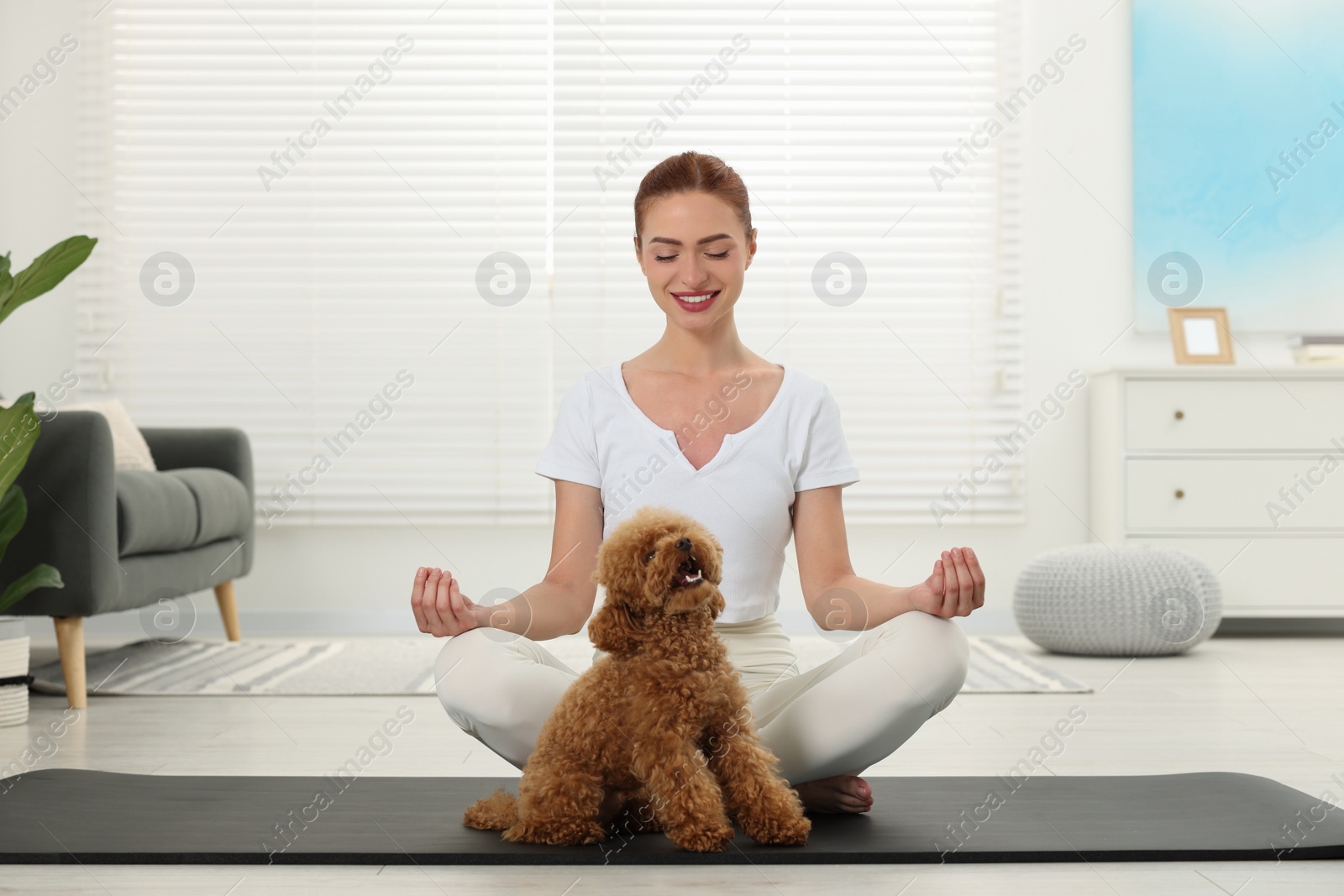 Photo of Happy young woman practicing yoga on mat with her cute dog at home