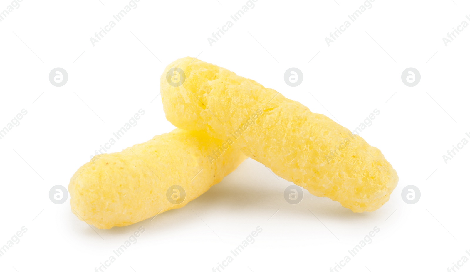 Photo of Tasty puffy corn puffs on white background