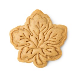 Photo of Tasty cookie in shape of leaf on white background, top view