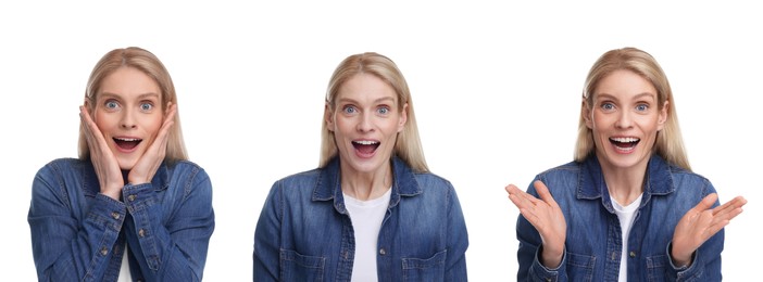 Image of Surprised woman on white background, collage of photos