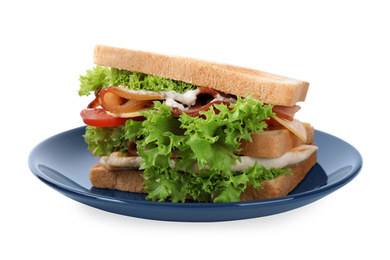 Yummy sandwich with bacon and chicken isolated on white