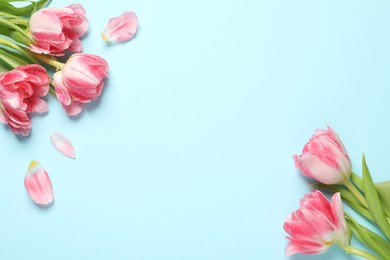 Photo of Beautiful colorful tulip flowers on light blue background, top view. Space for text