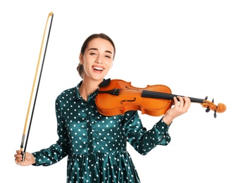 Photo of Beautiful woman with violin on white background