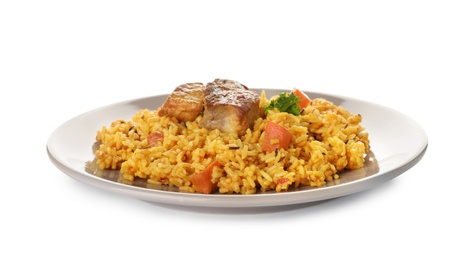 Photo of Plate with rice pilaf and meat on white background