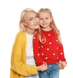 Photo of Portrait of mature woman and her granddaughter isolated on white