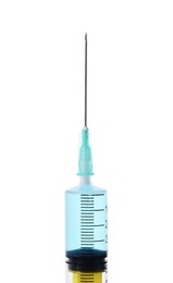 Disposable syringe with needle and medicine isolated on white