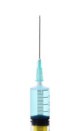 Photo of Disposable syringe with needle and medicine isolated on white