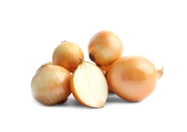 Photo of Fresh ripe onion bulbs on white background