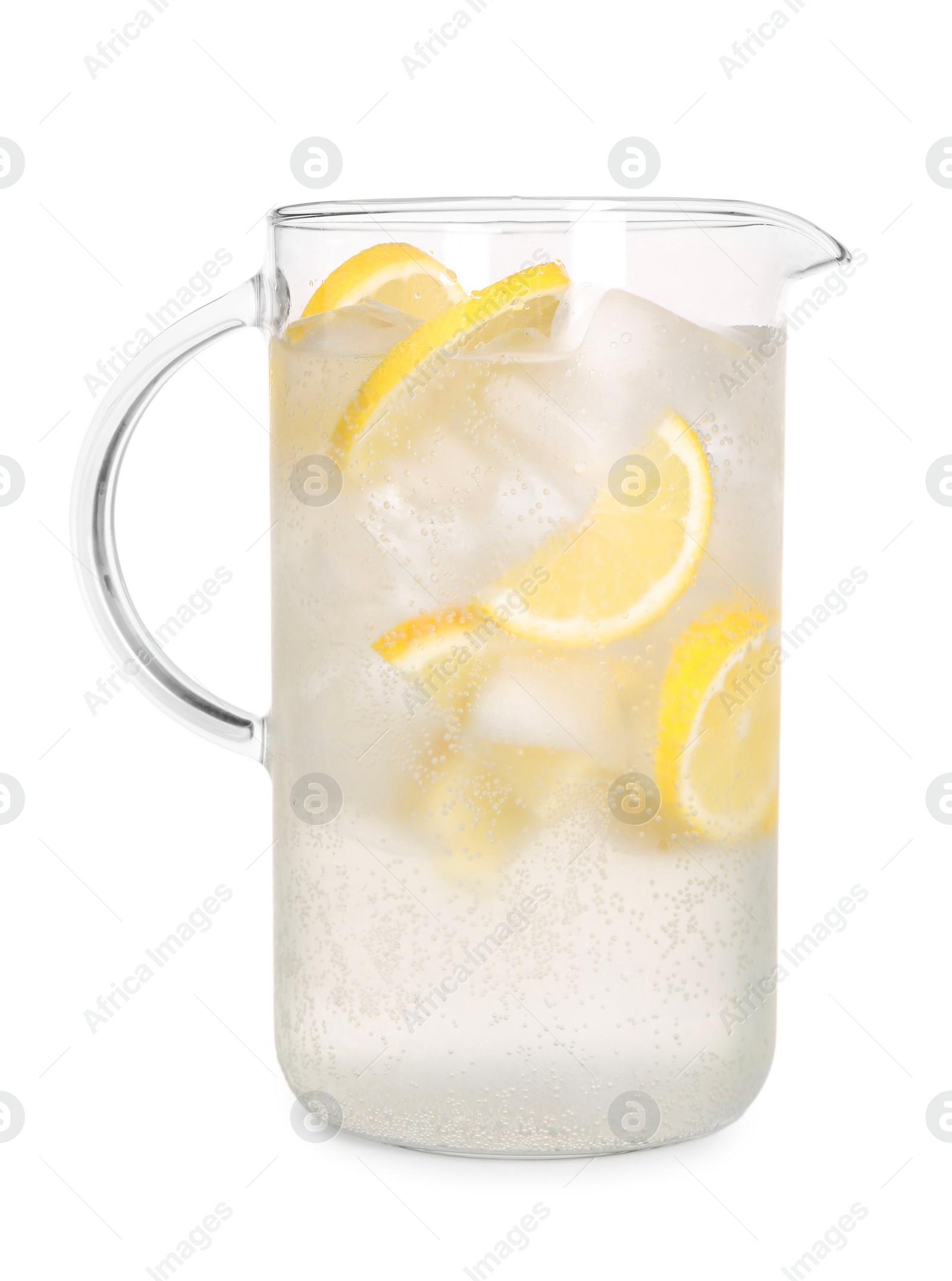 Photo of Freshly made lemonade in jug isolated on white